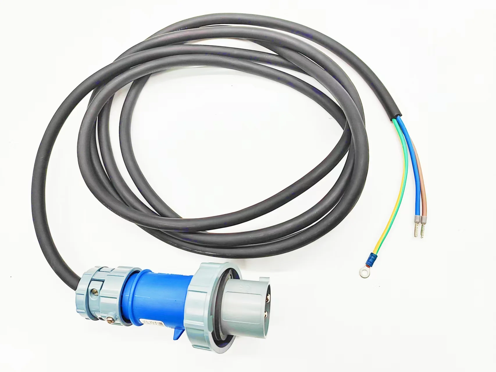 Gray cable assembly with circular connector and loose conductor ends