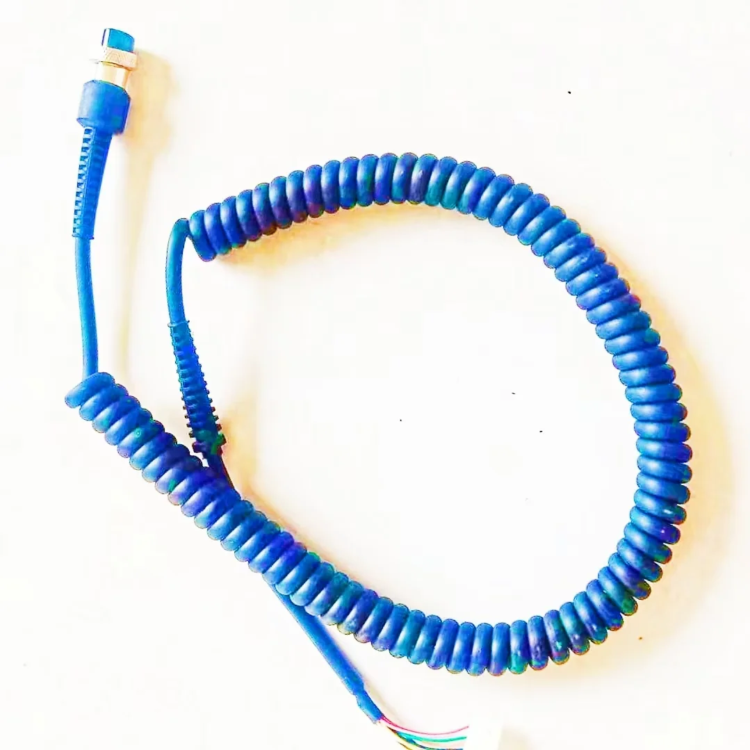 Blue custom coiled cord with connectorized end and loose conductors