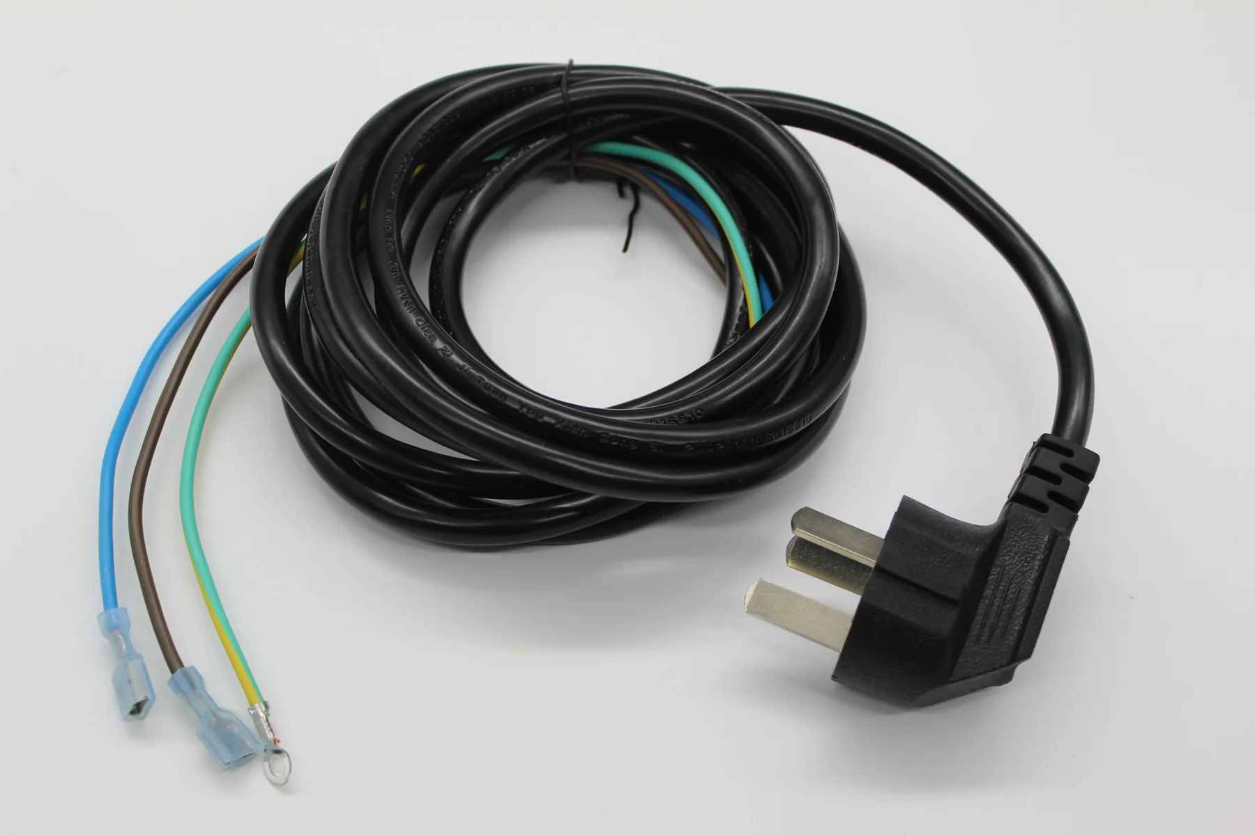 Black power cord assembly with a right-angle plug and stripped wire ends