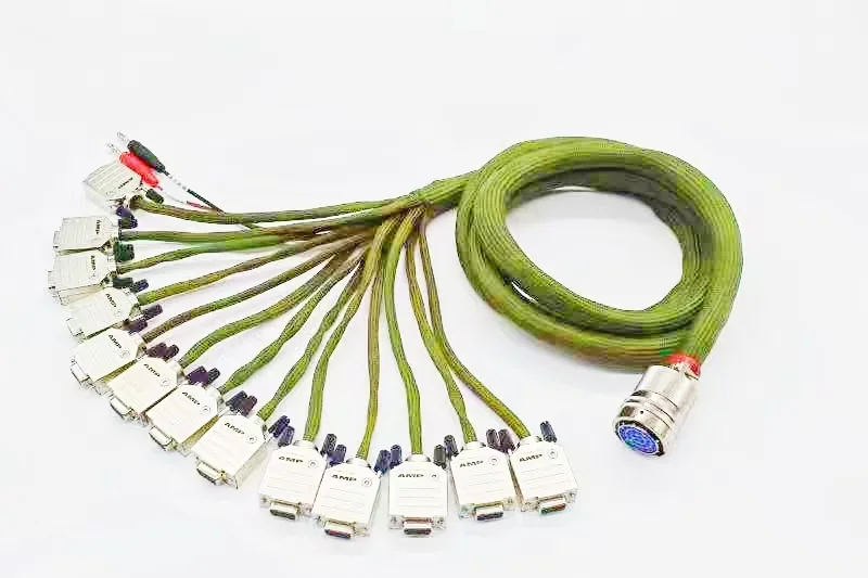 Wire harness assembly with multiple D-sub style connectors on a light background